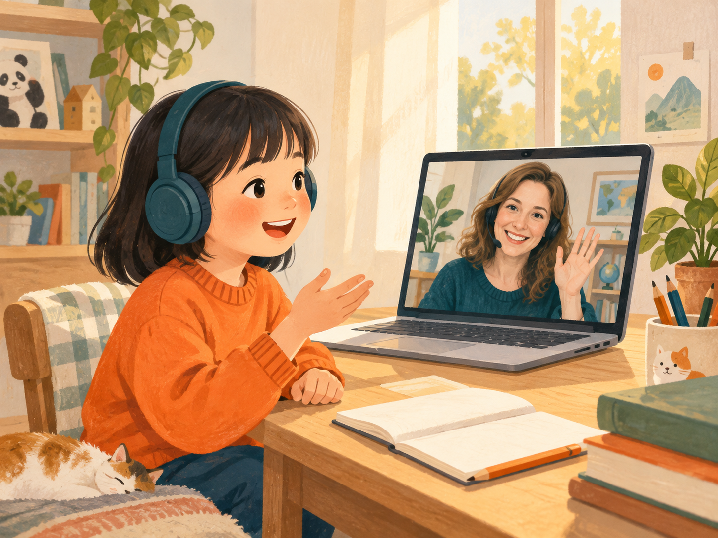 孩子戴耳机与屏幕中的女外教挥手互动