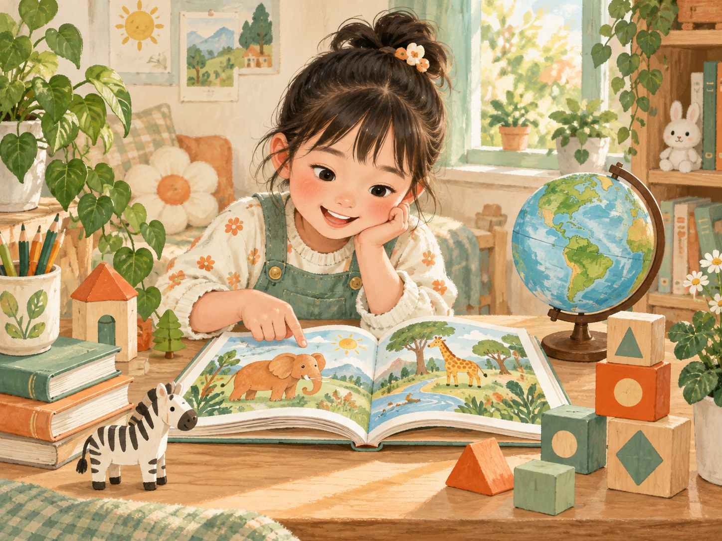 孩子指着英文绘本上的动物图片阅读