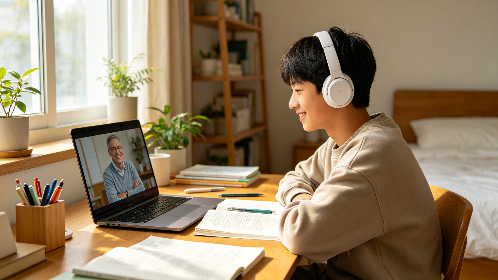 初中学生在家用笔记本上外教课